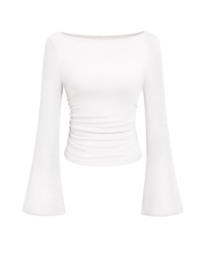 PRETTYGARDEN Womens Long Sleeve Shirts 2026 Spring Crop Going Out Tops Casual Boat Neck Bell Sleeve Ribbed Ruched Y2K Clothes