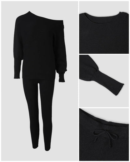 CHICME 2 Piece Lounge Outfit Long Sleeve Knit Pullover Tops Drawstring Pants Set Tracksuit Sweatsuit