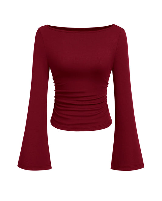 PRETTYGARDEN Womens Long Sleeve Shirts 2026 Spring Crop Going Out Tops Casual Boat Neck Bell Sleeve Ribbed Ruched Y2K Clothes