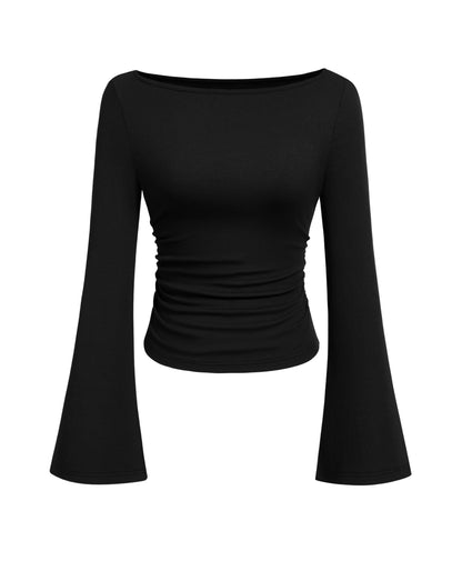 PRETTYGARDEN Womens Long Sleeve Shirts 2026 Spring Crop Going Out Tops Casual Boat Neck Bell Sleeve Ribbed Ruched Y2K Clothes