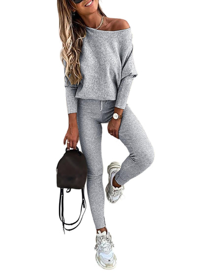 CHICME 2 Piece Lounge Outfit Long Sleeve Knit Pullover Tops Drawstring Pants Set Tracksuit Sweatsuit