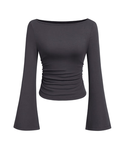 PRETTYGARDEN Womens Long Sleeve Shirts 2026 Spring Crop Going Out Tops Casual Boat Neck Bell Sleeve Ribbed Ruched Y2K Clothes