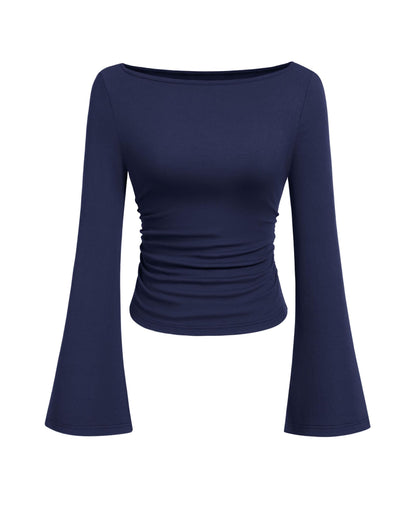 PRETTYGARDEN Womens Long Sleeve Shirts 2026 Spring Crop Going Out Tops Casual Boat Neck Bell Sleeve Ribbed Ruched Y2K Clothes