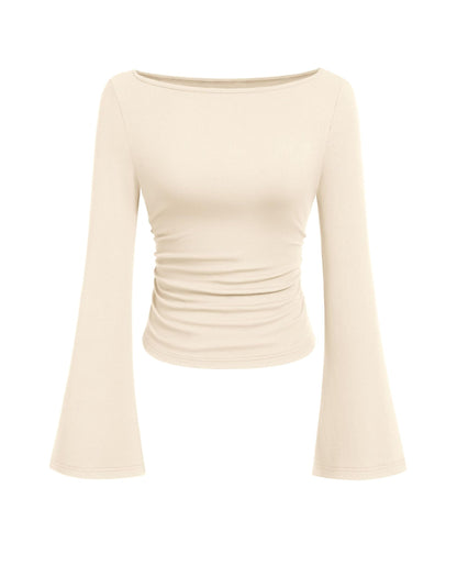PRETTYGARDEN Womens Long Sleeve Shirts 2026 Spring Crop Going Out Tops Casual Boat Neck Bell Sleeve Ribbed Ruched Y2K Clothes