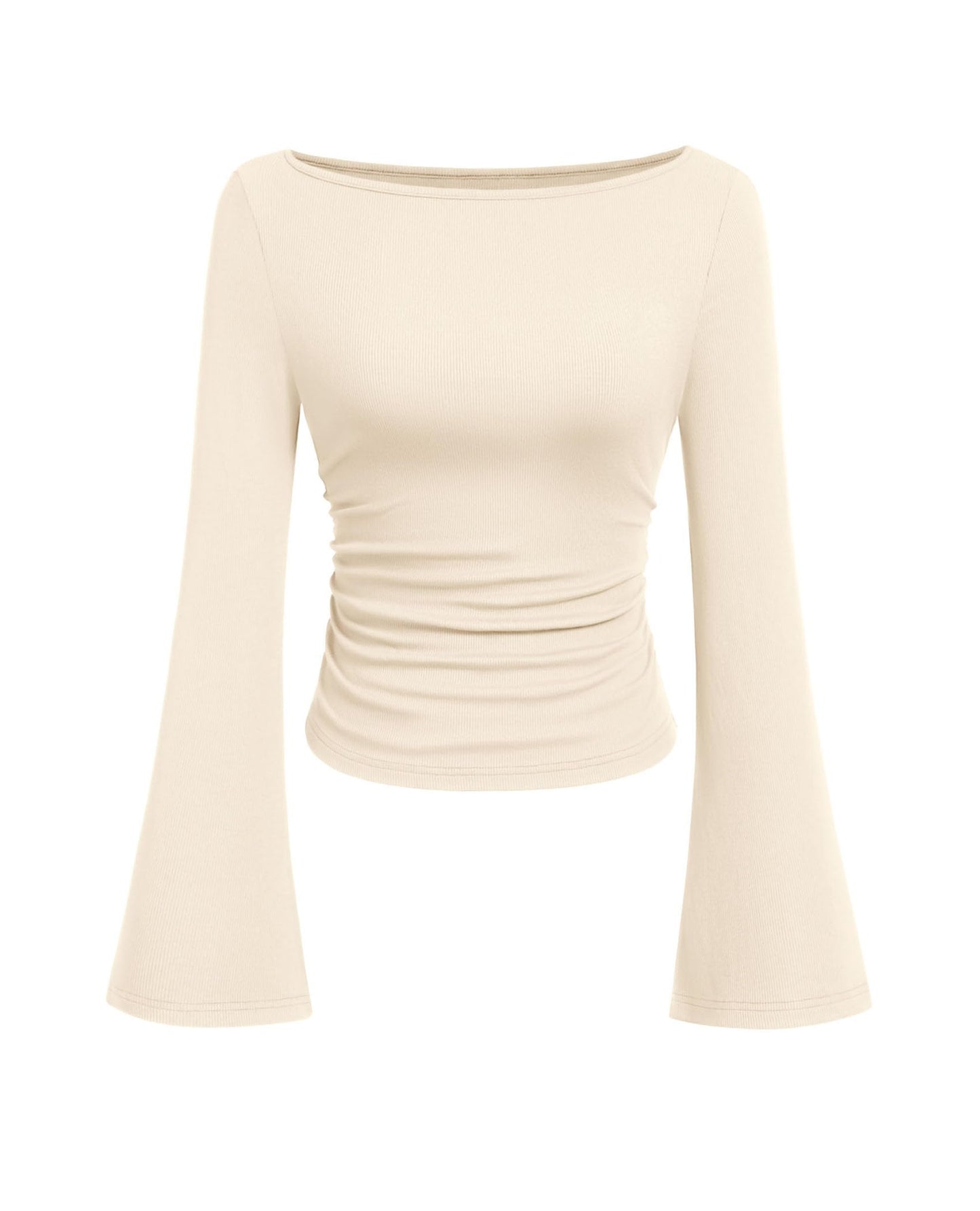 PRETTYGARDEN Womens Long Sleeve Shirts 2026 Spring Crop Going Out Tops Casual Boat Neck Bell Sleeve Ribbed Ruched Y2K Clothes
