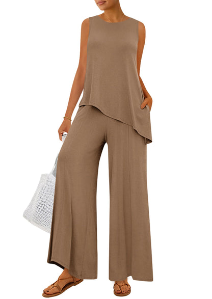 PRETTYGARDEN Women's 2026 Two Piece Matching Lounge Sets Asymmetrical Split Tank Tops Wide Leg Pants Summer Outfits Tracksuit