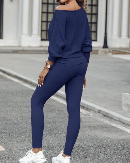 CHICME 2 Piece Lounge Outfit Long Sleeve Knit Pullover Tops Drawstring Pants Set Tracksuit Sweatsuit