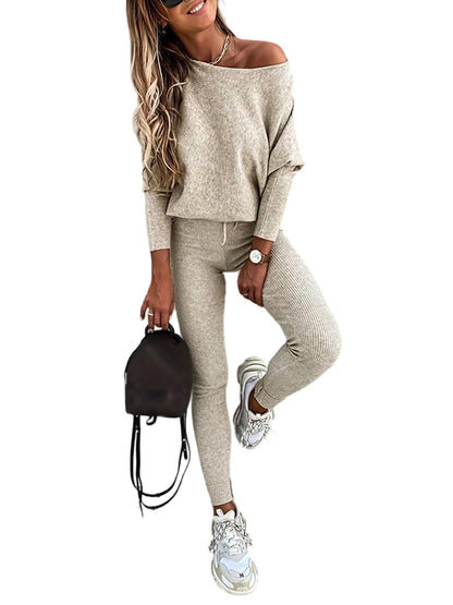 CHICME 2 Piece Lounge Outfit Long Sleeve Knit Pullover Tops Drawstring Pants Set Tracksuit Sweatsuit