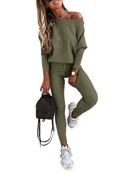 CHICME 2 Piece Lounge Outfit Long Sleeve Knit Pullover Tops Drawstring Pants Set Tracksuit Sweatsuit
