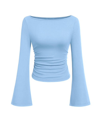 PRETTYGARDEN Womens Long Sleeve Shirts 2026 Spring Crop Going Out Tops Casual Boat Neck Bell Sleeve Ribbed Ruched Y2K Clothes