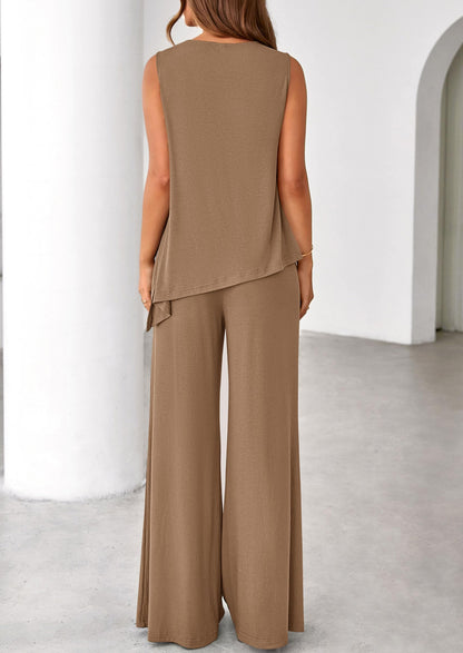 PRETTYGARDEN Women's 2026 Two Piece Matching Lounge Sets Asymmetrical Split Tank Tops Wide Leg Pants Summer Outfits Tracksuit