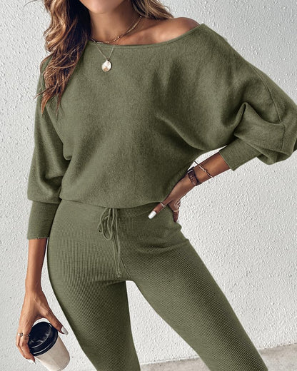 CHICME 2 Piece Lounge Outfit Long Sleeve Knit Pullover Tops Drawstring Pants Set Tracksuit Sweatsuit