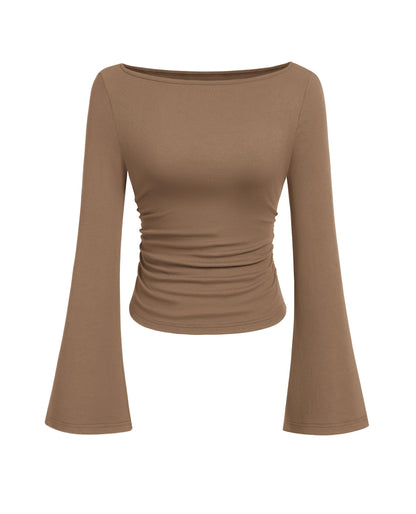 PRETTYGARDEN Womens Long Sleeve Shirts 2026 Spring Crop Going Out Tops Casual Boat Neck Bell Sleeve Ribbed Ruched Y2K Clothes