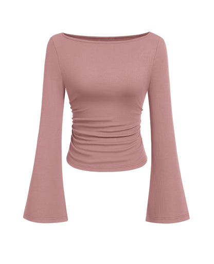 PRETTYGARDEN Womens Long Sleeve Shirts 2026 Spring Crop Going Out Tops Casual Boat Neck Bell Sleeve Ribbed Ruched Y2K Clothes