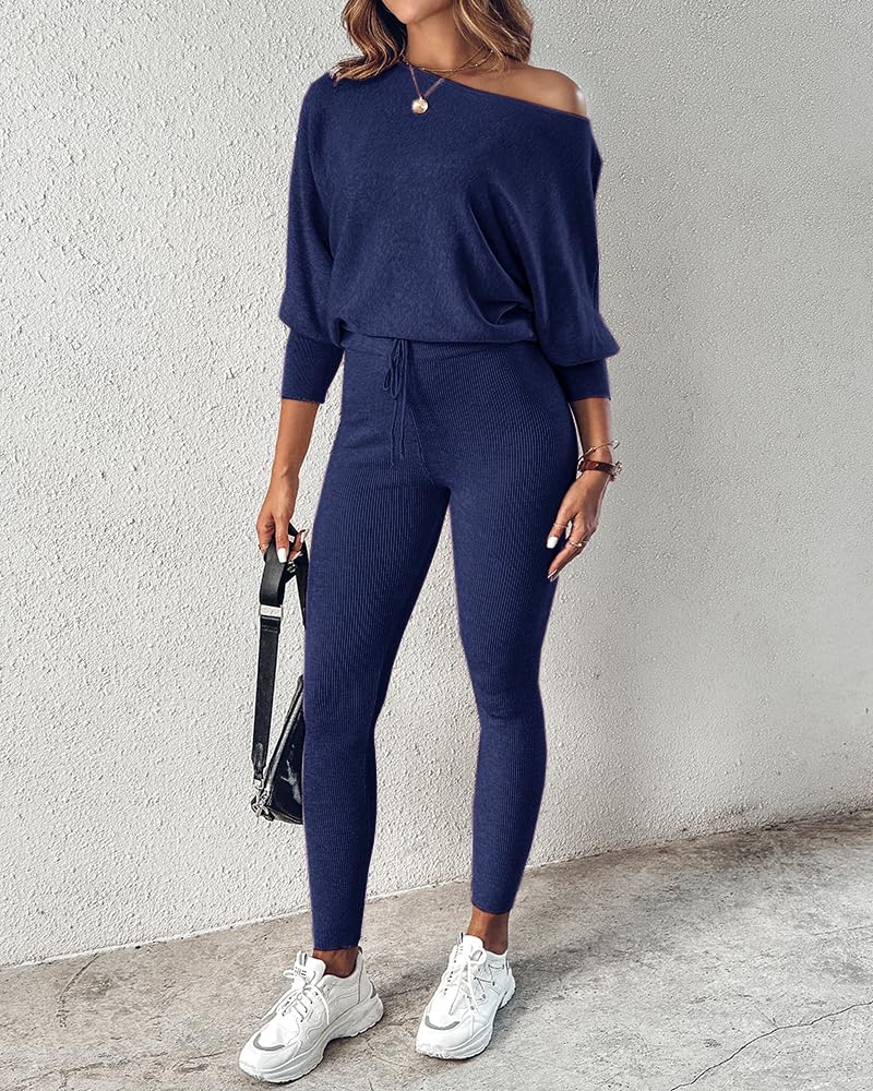 CHICME 2 Piece Lounge Outfit Long Sleeve Knit Pullover Tops Drawstring Pants Set Tracksuit Sweatsuit