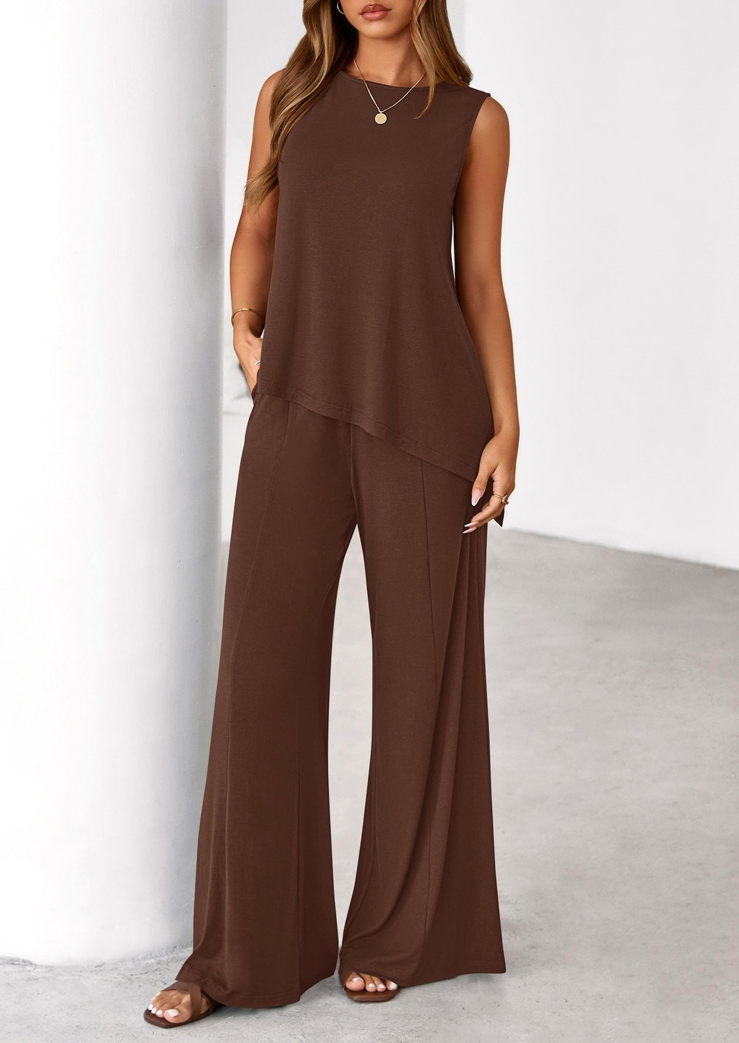 PRETTYGARDEN Women's 2026 Two Piece Matching Lounge Sets Asymmetrical Split Tank Tops Wide Leg Pants Summer Outfits Tracksuit