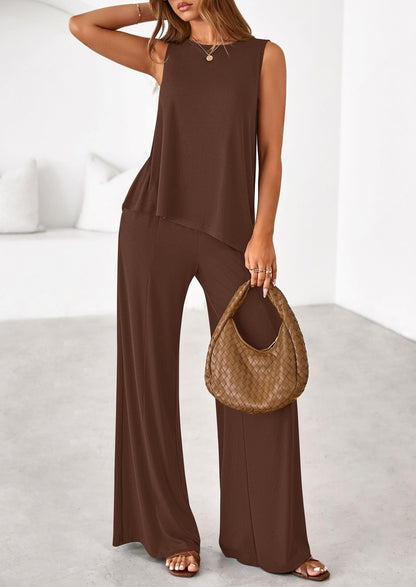 PRETTYGARDEN Women's 2026 Two Piece Matching Lounge Sets Asymmetrical Split Tank Tops Wide Leg Pants Summer Outfits Tracksuit