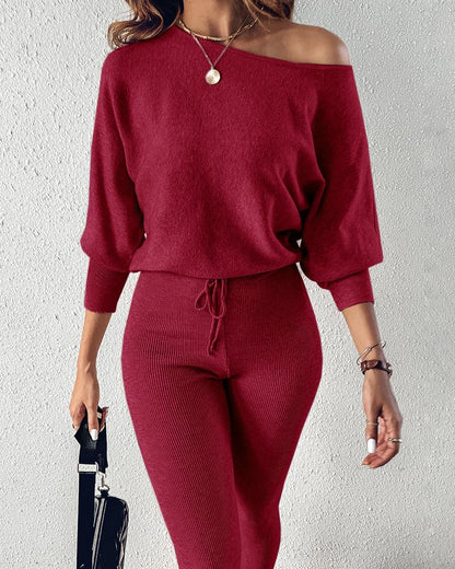 CHICME 2 Piece Lounge Outfit Long Sleeve Knit Pullover Tops Drawstring Pants Set Tracksuit Sweatsuit