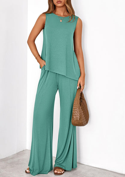 PRETTYGARDEN Women's 2026 Two Piece Matching Lounge Sets Asymmetrical Split Tank Tops Wide Leg Pants Summer Outfits Tracksuit