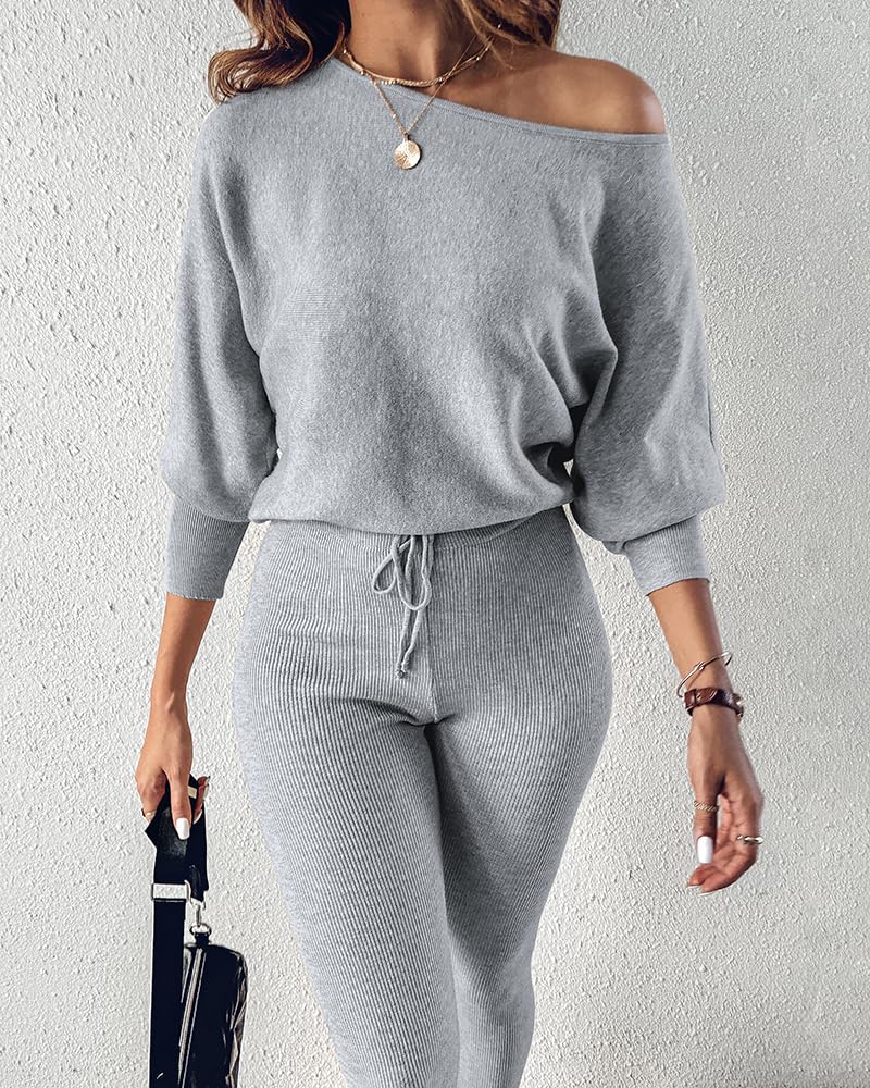 CHICME 2 Piece Lounge Outfit Long Sleeve Knit Pullover Tops Drawstring Pants Set Tracksuit Sweatsuit