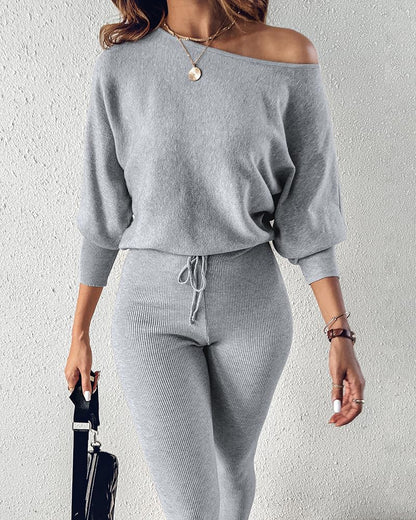 CHICME 2 Piece Lounge Outfit Long Sleeve Knit Pullover Tops Drawstring Pants Set Tracksuit Sweatsuit