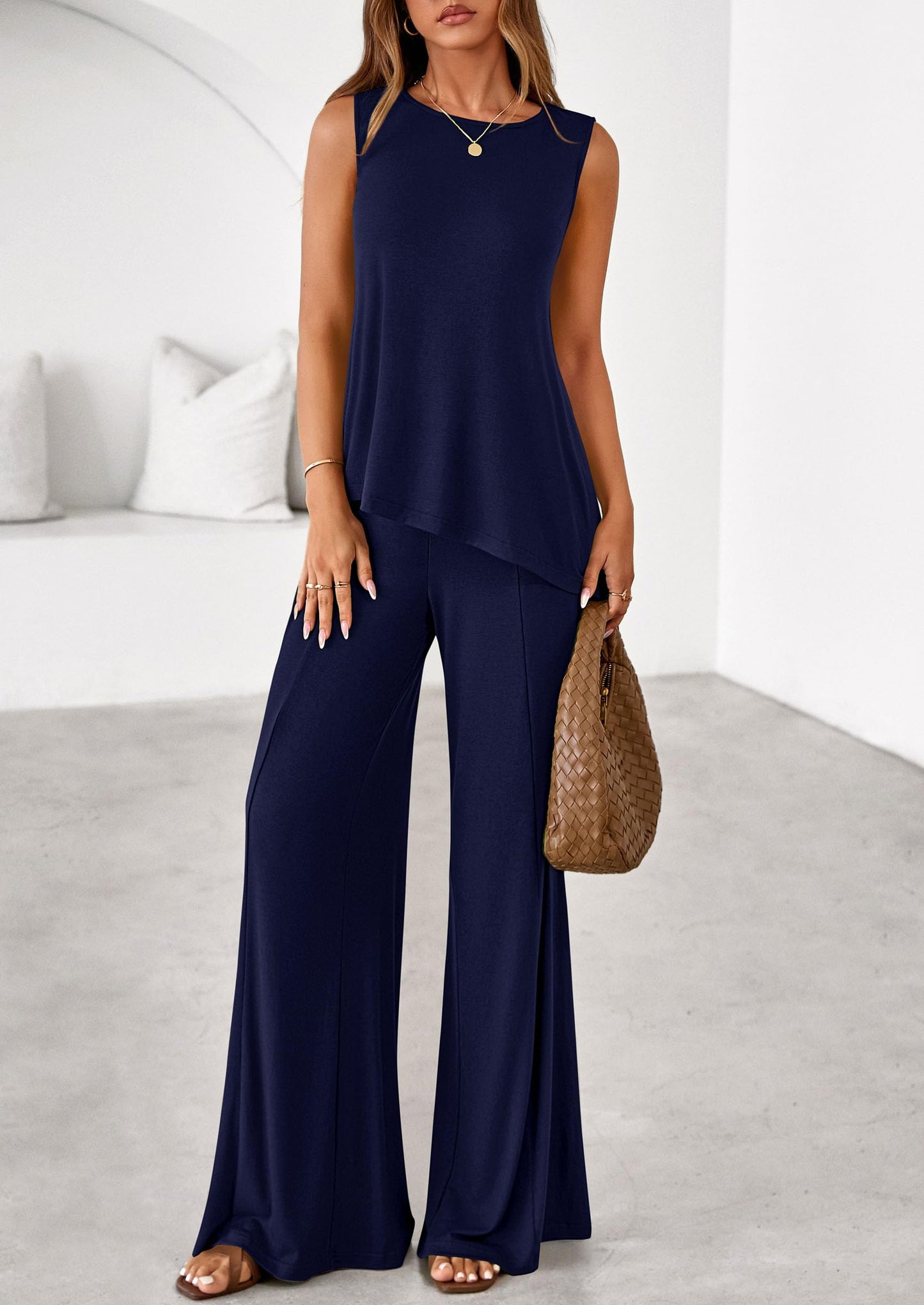 PRETTYGARDEN Women's 2026 Two Piece Matching Lounge Sets Asymmetrical Split Tank Tops Wide Leg Pants Summer Outfits Tracksuit