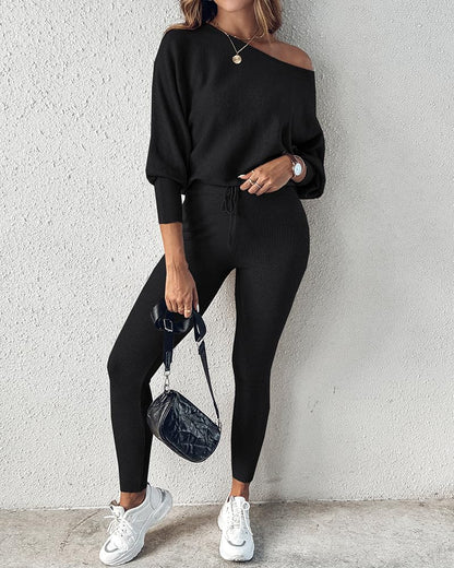 CHICME 2 Piece Lounge Outfit Long Sleeve Knit Pullover Tops Drawstring Pants Set Tracksuit Sweatsuit