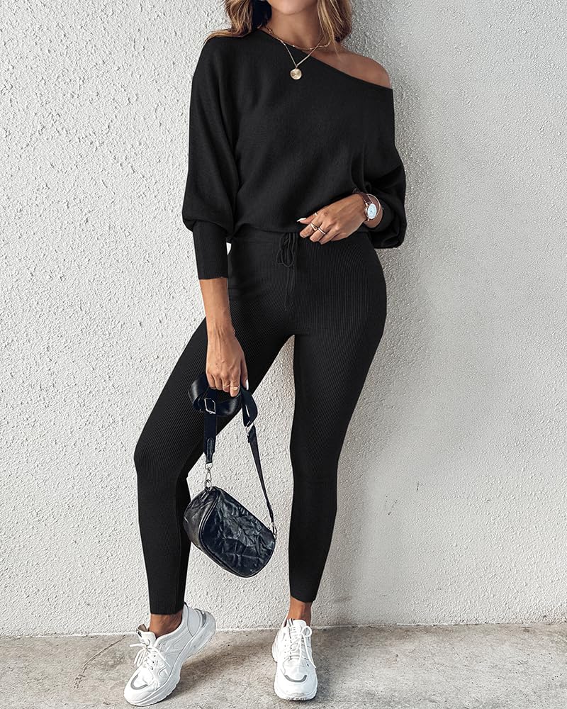 CHICME 2 Piece Lounge Outfit Long Sleeve Knit Pullover Tops Drawstring Pants Set Tracksuit Sweatsuit