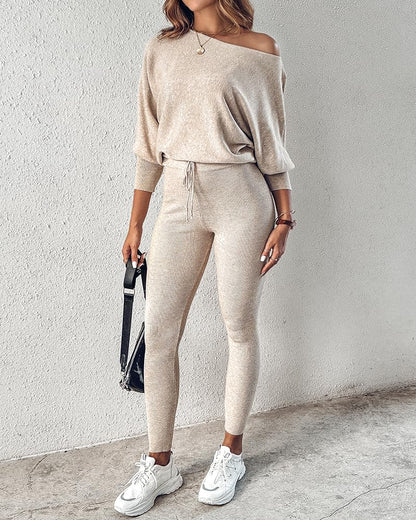 CHICME 2 Piece Lounge Outfit Long Sleeve Knit Pullover Tops Drawstring Pants Set Tracksuit Sweatsuit