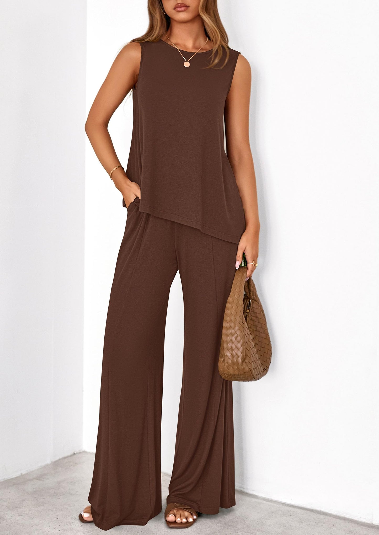 PRETTYGARDEN Women's 2026 Two Piece Matching Lounge Sets Asymmetrical Split Tank Tops Wide Leg Pants Summer Outfits Tracksuit
