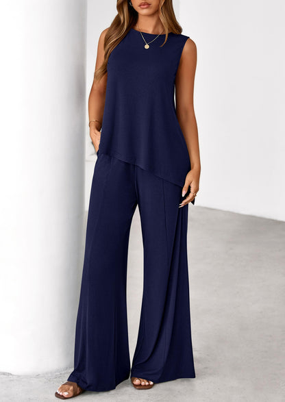 PRETTYGARDEN Women's 2026 Two Piece Matching Lounge Sets Asymmetrical Split Tank Tops Wide Leg Pants Summer Outfits Tracksuit