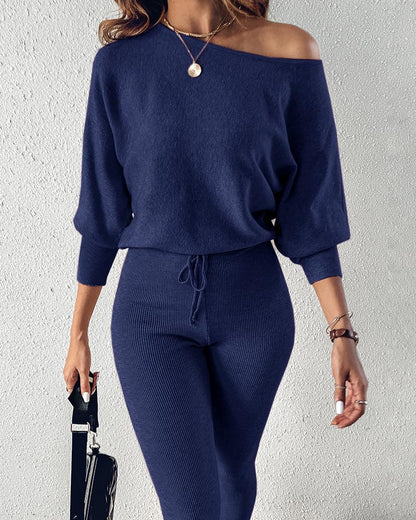 CHICME 2 Piece Lounge Outfit Long Sleeve Knit Pullover Tops Drawstring Pants Set Tracksuit Sweatsuit