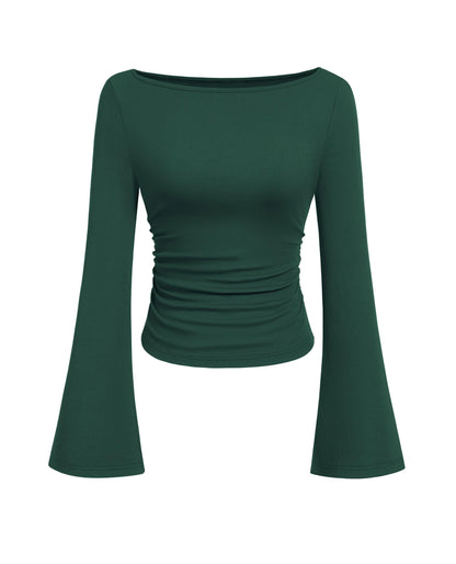 PRETTYGARDEN Womens Long Sleeve Shirts 2026 Spring Crop Going Out Tops Casual Boat Neck Bell Sleeve Ribbed Ruched Y2K Clothes