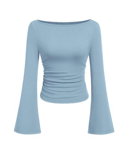 PRETTYGARDEN Womens Long Sleeve Shirts 2026 Spring Crop Going Out Tops Casual Boat Neck Bell Sleeve Ribbed Ruched Y2K Clothes