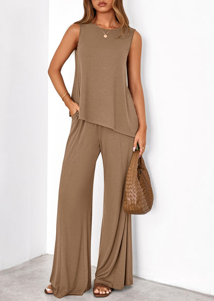 PRETTYGARDEN Women's 2026 Two Piece Matching Lounge Sets Asymmetrical Split Tank Tops Wide Leg Pants Summer Outfits Tracksuit