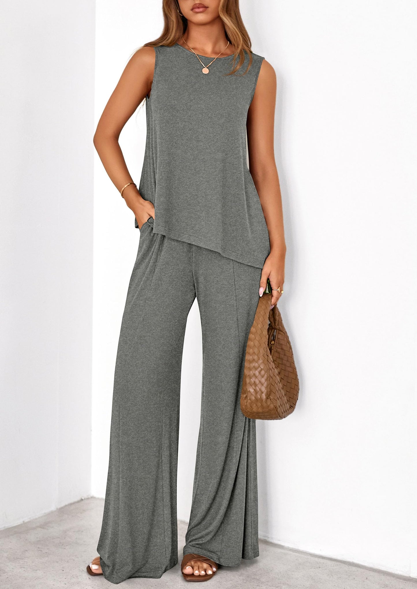 PRETTYGARDEN Women's 2026 Two Piece Matching Lounge Sets Asymmetrical Split Tank Tops Wide Leg Pants Summer Outfits Tracksuit