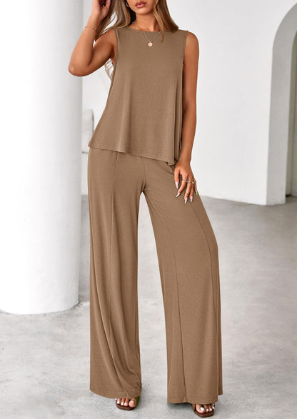 PRETTYGARDEN Women's 2026 Two Piece Matching Lounge Sets Asymmetrical Split Tank Tops Wide Leg Pants Summer Outfits Tracksuit